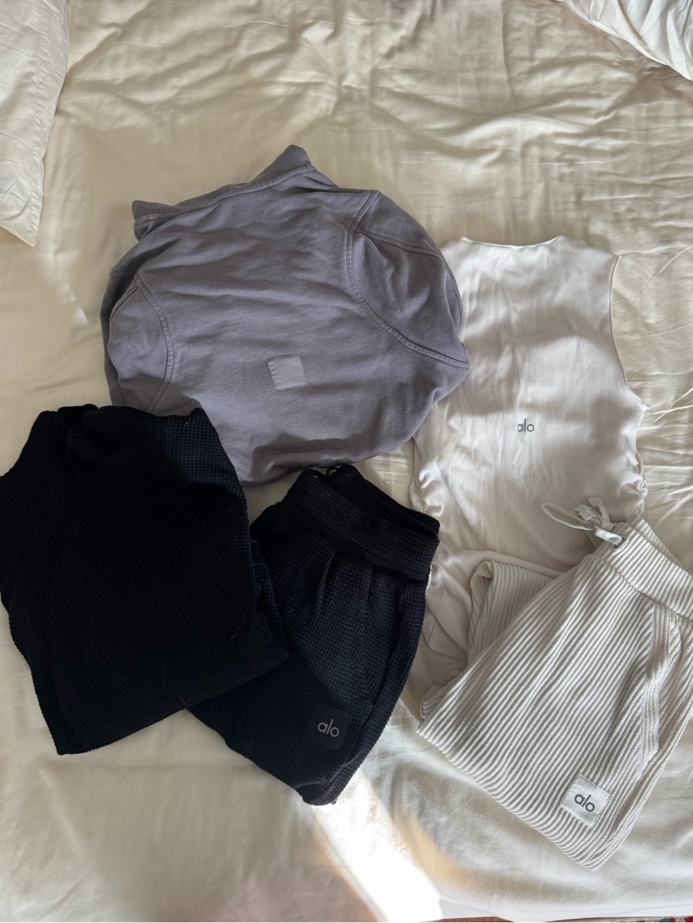 Alo Yoga Bundle - Waffle Jogger Set, Ribbed Jogger, Ruched Tank, Cropped Hoodie